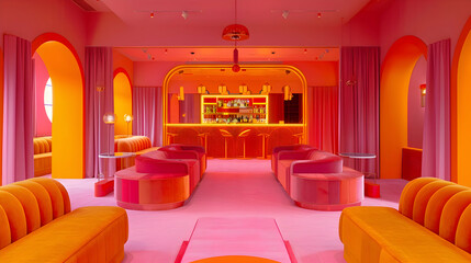 An immaculate room punctuated by bursts of vivid oranges and pinks, infusing the space with a sense of lively dynamism