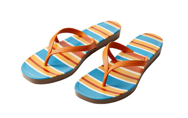 A pair of vibrant blue and orange striped sandals rest elegantly on a wooden deck