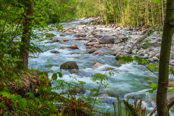 Majestic mountain river long exposure with rocky background in Vancouver, Canada.