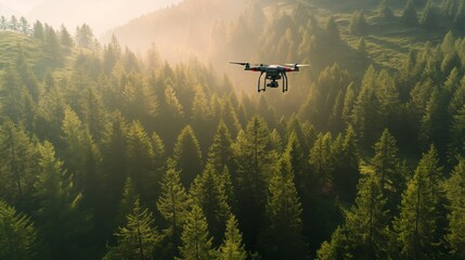 Drone captures stunning nature views. DJI drone flying over forest. Military reconnaissance drone.