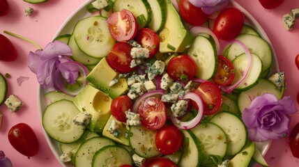  A colorful plate of vegetables including cucumbers, tomatoes, onions and more, resting on a pink surface