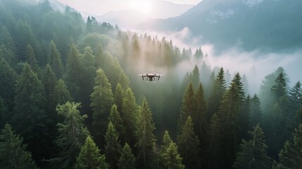 Drone captures stunning nature views. DJI drone flying over forest. Military reconnaissance drone.