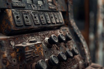: A vintage cash register, with contrasting buttons and levers against a worn, textured body, - obrazy, fototapety, plakaty