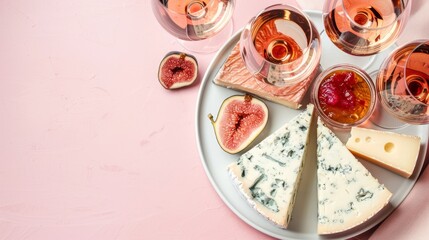  A platter featuring cheese, crackers, and glasses of wine sits on a pink background with a matching surface