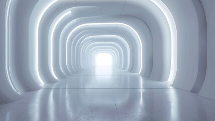 White futuristic corridor with bright end - A sleek and bright white futuristic tunnel-like corridor, invoking the concept of futuristic design, passage, and exploration