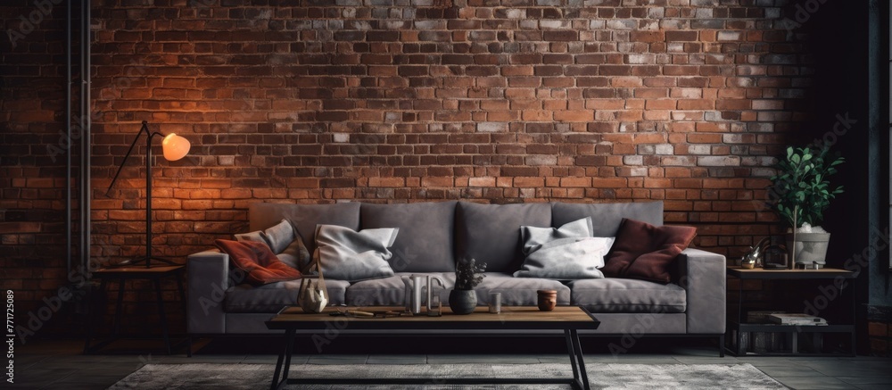 Sticker a living room with a couch and a coffee table in front of a brick wall, creating a cozy atmosphere w