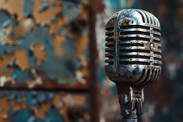 : A vintage microphone, with a contrasting chrome grille against a weathered, textured body, - obrazy, fototapety, plakaty