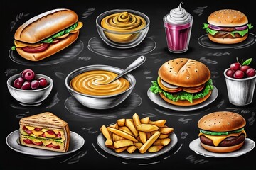 Black board with pictures of food.