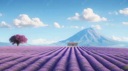  A painting portrays a lavender field, bench, mountain, and cloudy sky