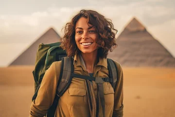Foto op Canvas Smiling brunette woman with backpack traveling in Egypt. © Marcela Ruty Romero