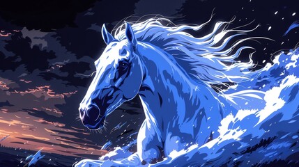  A depiction of a snow-white equine galloping across an aquatic expanse against a fiery sky, with cloud formations in the foreground - obrazy, fototapety, plakaty