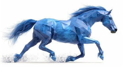 Obraz na płótnie Canvas A blue equine gallops in a low-poly style against a white backdrop