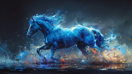  A blue horse painting in water, surrounded by splashes - obrazy, fototapety, plakaty