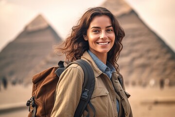 Smiling brunette woman with backpack traveling in Egypt. - obrazy, fototapety, plakaty