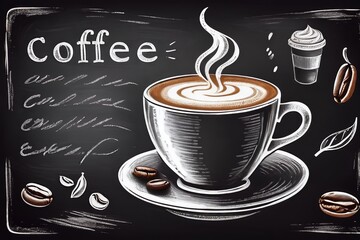 A cup of coffee an the black board.