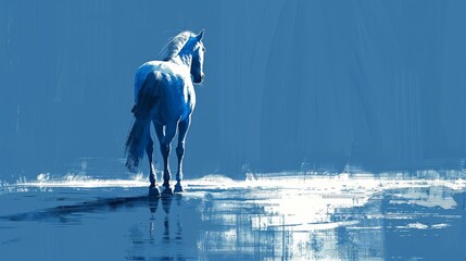  A white horse painting on a blue background, reflected in water
