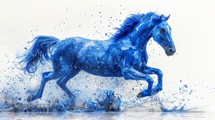 Obraz na płótnie Canvas A majestic blue equine galloping through water, creating ripples on its back and legs