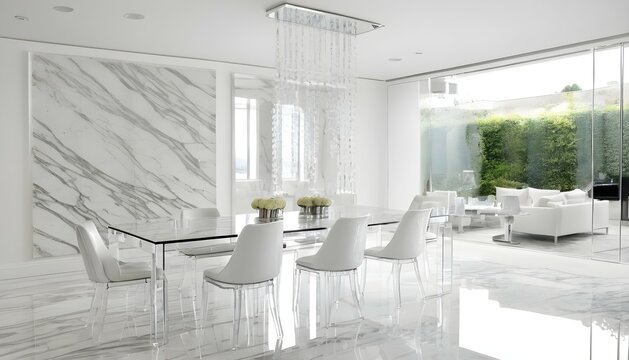 A contemporary white room with transparent acrylic chairs paired with a marble dining table, set against a backdrop of mirrored walls that visually expand the space.