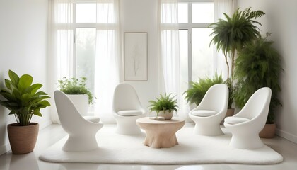 Fototapeta na wymiar A serene white room with organic-shaped white chairs placed on a white shag rug, surrounded by potted greenery and bathed in soft natural light filtering through sheer curtains.