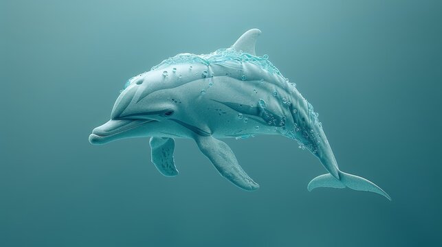  An image depicts a dolphin swimming through an ocean, with water gushing from its mouth and head emerging above the surface