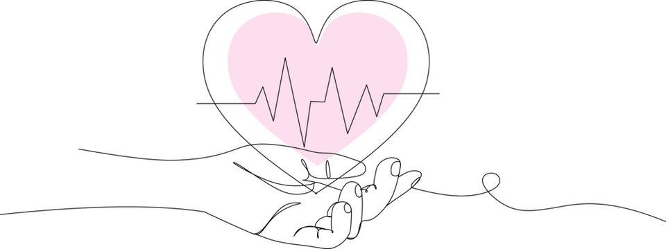 Hands holding heart  cardiogram.World health day. Line drawing of heart and pulse