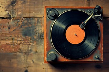 : A vintage turntable, with a contrasting record spinning against a wooden, textured surface,