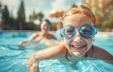 Sunlit Joy: Child Swimming in Pool with Goggles. Generative ai