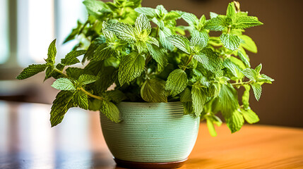 A green plant in a small pot sits on a wooden table. The plant is a mint plant and is surrounded by a clear vase
