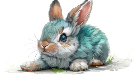  A painting depicts a blue-eyed rabbit perched on green grass