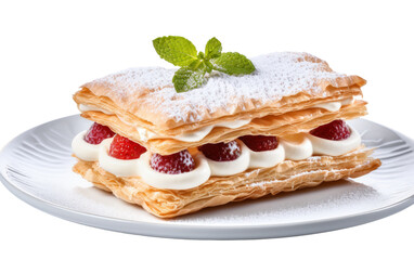 A white plate holds a decadent stack of assorted desserts