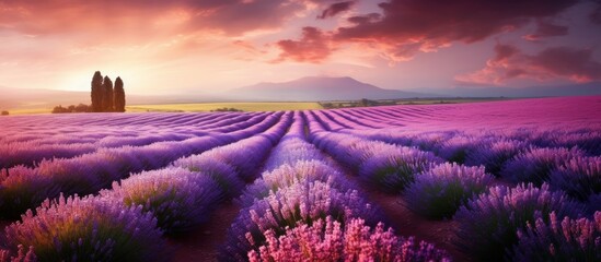 A natural landscape featuring a field of lavender flowers with a mountain in the background under a purple sky at sunset, creating a serene atmosphere - Powered by Adobe