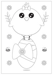 Vector easter holiday card with cute chick and easter egg coloring book

