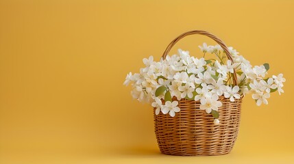 Fototapeta na wymiar Elegant Basket of Blooming White Flowers on a Warm Yellow Background for Serene Home Decor Scenes. Simple and Pure. AI