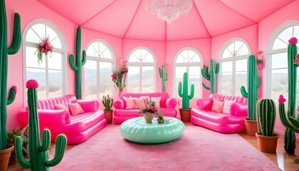 A grand sitting room inside of an inflatable house with an abundance of light coming in from the windows. Bright colors throughout with lots of pink and mint green. Candelabras float throughout the ro - obrazy, fototapety, plakaty
