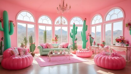 A grand sitting room inside of an inflatable house with an abundance of light coming in from the windows. Bright colors throughout with lots of pink and mint green. Candelabras float throughout the ro - obrazy, fototapety, plakaty