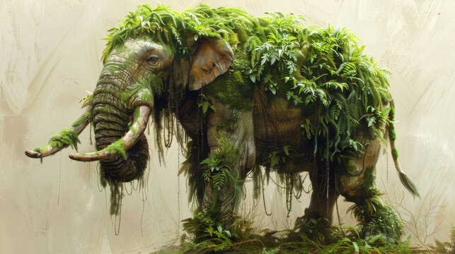  An image of an elephant adorned with green foliage on its body and back, featuring elongated tusks protruding from its trunk