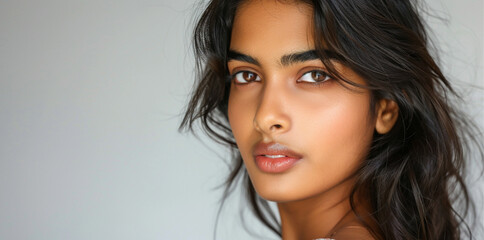 fashion shot of a young high class indian model posing, beautiful, pretty, close up shot, beauty shot, minimal makeup, natural beauty, professional and sleak hair, plain background