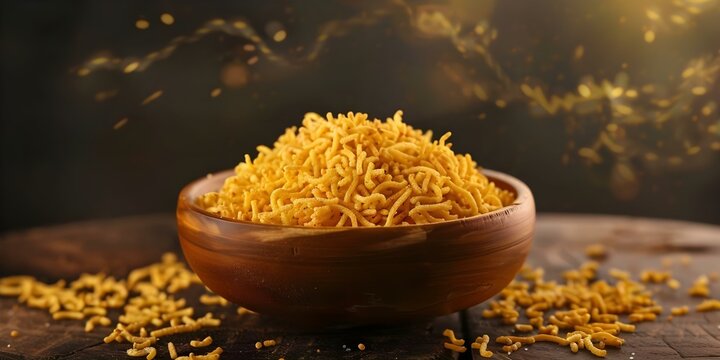 Indian Diwali snack Namkeen Sev used in chaat dishes like sev puri bhel puri Ample copy space. Concept Indian snacks, Namkeen Sev, Chaat dishes, Sev Puri, Bhel Puri, Copy space