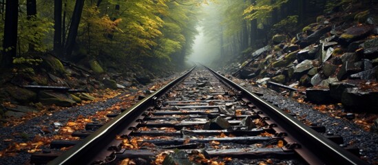 A railway track runs parallel to a forest thoroughfare, providing a route for public transport vehicles through the wooded area - obrazy, fototapety, plakaty