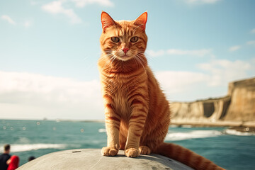 A cat is sitting on a rocky cliff overlooking the ocean.