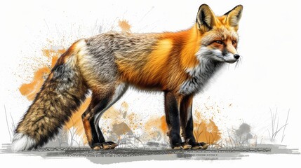 Fototapeta premium Drawing of a red fox on a white background with orange splashes on its fur