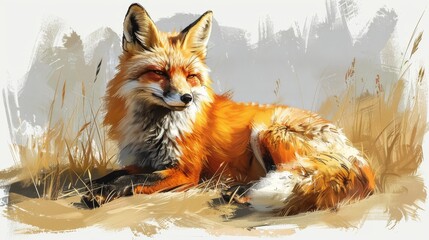 Fototapeta premium A red fox lays in tall grass, head turned