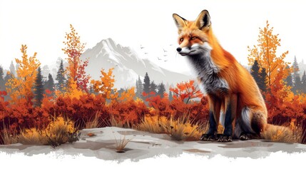  A painting depicts a fox perched atop a boulder amidst a sea of verdant grasses and towering trees, with a majestic mountain looming in the distance