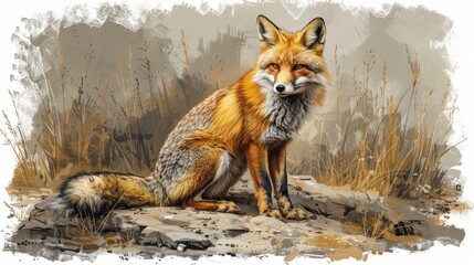 Fototapeta premium Red fox, atop rock, amidst field of tall, dried grass