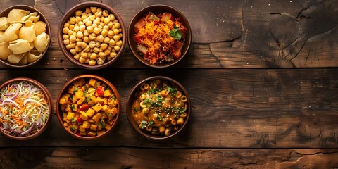 Indian street food Pani puri Sev Puri Bhel Puri a common snack with various names. Concept Indian Street Food, Pani Puri, Sev Puri, Bhel Puri, Snack Varieties