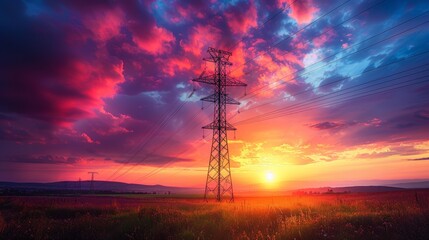 Electricity Pylon Against a Vibrant Sunset in a Serene Landscape - Powered by Adobe