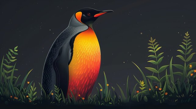  A painting depicts a penguin, yellow and black, in a grassy field with flowers and the moon behind it