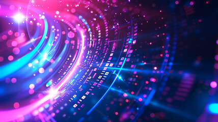 Futuristic digital code with circular blue and purple lines. Illustration of technological progress. banners, brochures, websites. Modern, elegant and dynamic design.