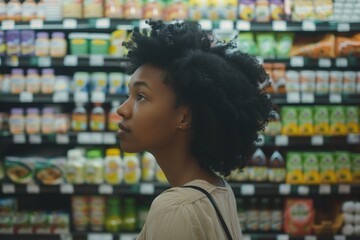 Woman carefully comparing product ingredients on food labels while shopping in a supermarket.