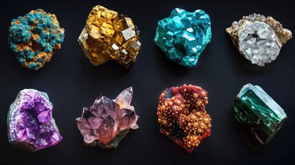 Mineral set collection. Isolated on black background. Generative AI